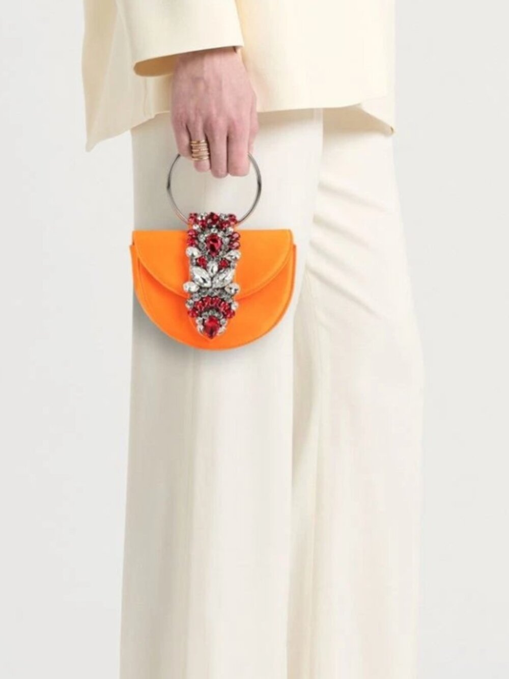 Gedebe Crystal Embellished Orange Satin Mini Bag Top Handle Chain Strap